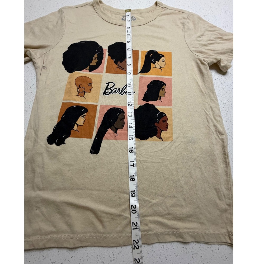 Barbie Graphic T-Shirt Tan Diverse Silhouette Hair Grid Short Sleeve XS - Picture 3 of 4